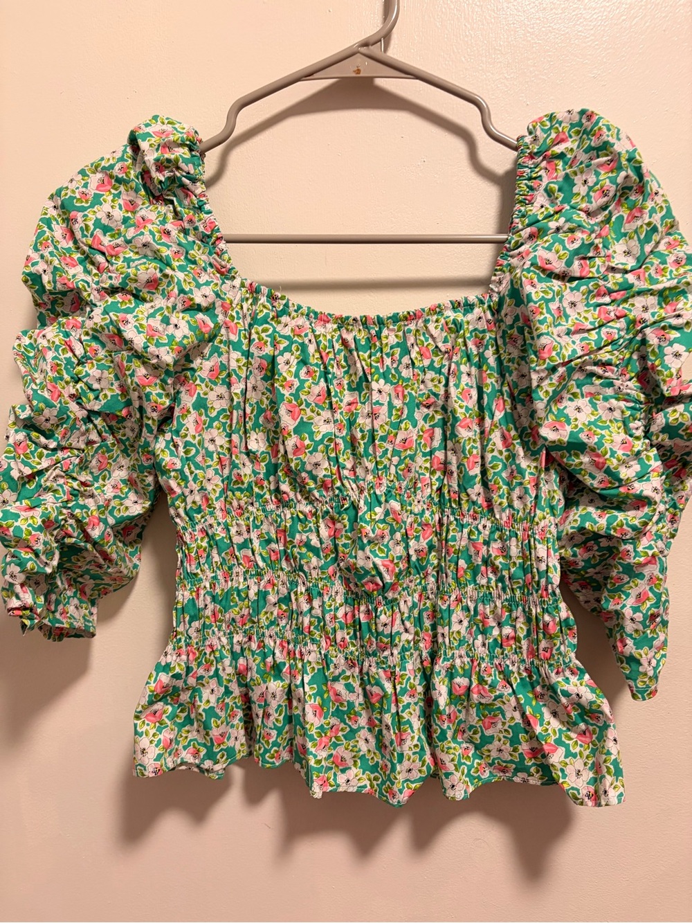 Green Floral Puff-Sleeve Smocked Square-Neck Blouse